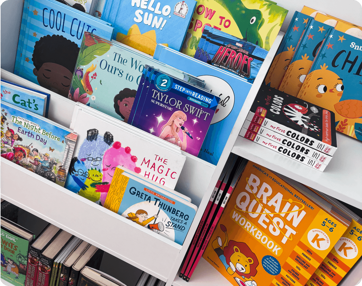 Diverse book display full of kids board books, picture books, chapter books and activity books