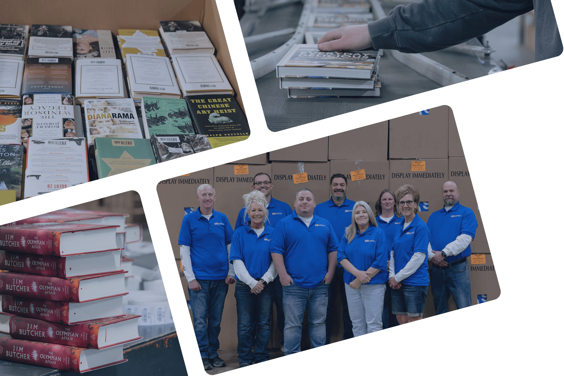 A collage of images within ABC: books, team shot, warehouse conveyer, book palettes