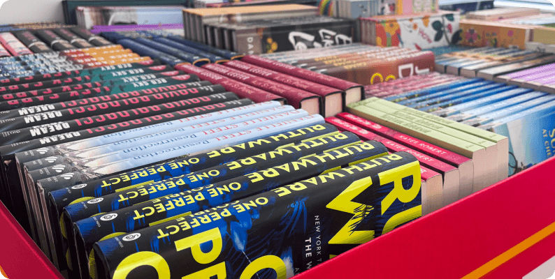 Book spines displayed in bargain bin box